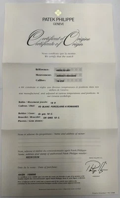 Patek Philippe Authentic Watch Certificate Of Origin Warranty 4809 2/G Calatrava