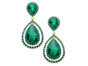 Emerald & Goldtone Glass Crystal Double Teardrop Evening Post Pin Earrings