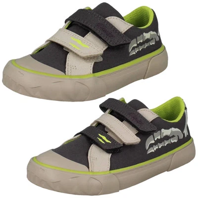 Boys Clarks Canvas Dino Machine Washable Shoes Rubber Bumpers 'Foxing Stomp'