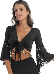 [Yruioon] Women Lace Dance Top 3/4 Flared Sleeves Shawl Crop Tops Shiny Bead Tassel Belly Dance Top Dancewear
