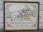 Vtg Framed Completed Embroidery Stitchery Needlework Picture God Bless Our Home