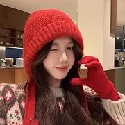 [Generic] Autumn and Winter Red Hat, Warm Knitted Wool Hat, Versatile Tie Earmuffs, Thick Warm Cycling Hat, Windproof and Cold-Proof