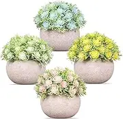 Artificial Potted Plants, 4PCS Mini Fake Flower in Round Pot, Small Faux Plastic Greenery for House & Office Decorations