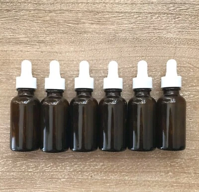 1 oz Amber Glass Boston Round Bottles w/ Graduated Dropper Pipette 6 Pack