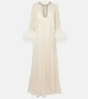 [Self-Portrait] Self-Portrait Feather-trimmed silk-blend maxi dress AU 8 gold