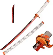 lkjad Wooden Cosplay Anime Katana Swords, Rengoku Kyoujurou Samurai Sword, Sword White with Fire Pattern Sunwheel Knife 40 in