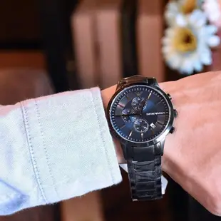 ARMANI 手錶 AR11215 霧黑低調奢華感 都會三眼計時 不鏽鋼錶帶 喬米精品 原廠正品