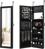 Giantex 15 LED Lights Mirror Jewelry Cabinet, 120cm Full Length Lockable Mirror Jewelry Cabinet, Wall/Door Mounted Jewelry Armoire Organizer Lined Storage Shelves (Black)