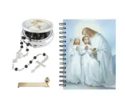 Boy's First Communion Rosary with Rosary Case, Matching Notebook, & Tie Clip