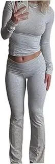 [NewGtuizi] Casual Women's Two Piece Outfit Basic Long Sleeve Crop Top with Low Rise Flare Pants Set Lounge Yoga Tracksuit M