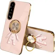 [SEAHAI] Case for Sony Xperia 1V Electroplating Spaceman Design Ultra Thin Shiny Soft Silicone TPU Shockproof Phone Case Cover Protective Case with 360 Degree Ring Stand Pink