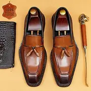 Men's Handmade Genuine Leather Loafers - Premium Brown Slip-On Tassel Dress Shoes for Kentucky Derby, Business Formal Occasions