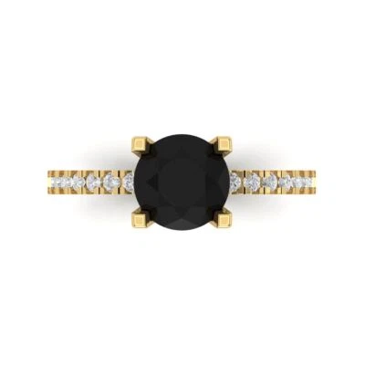1.71Ct Round Cut VVS1 Natural Onyx Gold Solitaire with Accents Engagement Ring