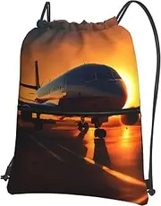 EdWal Airplane At Sunset Print Drawstring Backpack Gym Bags Sports Bags With Zipper Pocket For Travel Beach, Black, One Size