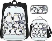 Many Cute Baby Penguins Sketch Backpack With Lunch Box And Pencil Case 3 In,Kawaii Backpacks With Lunch Bag Matching Combo