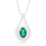 Oval Lab-Created Emerald and White Sapphire Frame Open Teardrop Pendant in Sterling Silver