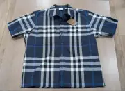 $760 Mens Burberry IP Check Cotton Blend SS Button Up Shirt Dark Blue Large
