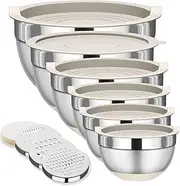 Fyrnova Mixing Bowls with Lids Set, 6 Piece Stainless Steel Nesting Storage Bowls for Kitchen, with 3 Grater Attachments & Non-Slip Bottoms, Size 5.5,3.5,2.5,2.1,1.5,1.1 QT