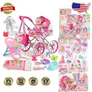 Baby Doll Stroller Set with 12.5" Doll, Dining Chair & 24 Accessories for Girls