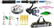 Fishing Rod Combo, Fishing Pole Reel Bait Combo, Spinnerbait Tool Kit, Fish Accessories Gear with Carrier Bag for Saltwater, Freshwater, Travel, Carbon, Metal, Soft Rubber, ABS