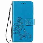 For Galaxy A31 Four-leaf Clasp Embossed Buckle Mobile Phone Protection Leather Case with Lanyard & Card Slot & Wallet & Bracket Function(Blue)