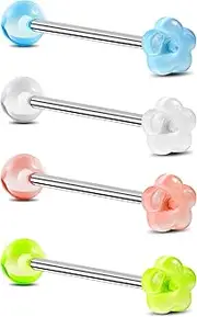 [Jewseen] 4Pcs G23 Implant Grade Titanium Tongue Rings 14G Tongue Piercing Jewelry Moon Heart Butterfly Flower Acrylic Tongue Barbell for Women Men