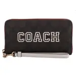 COACH-白標CAOCH字母防刮皮革拉鍊掛帶長夾(咖X酒紅)