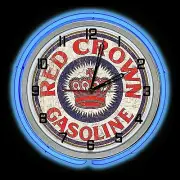 19" RED CROWN Gasoline Sign Blue Double Neon Clock Gas Station Lube Man Cave