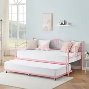 GAOMON Twin Day Bed with Trundle Bed Twin, Metal Daybed with Trundle, Daybed with Trundle Bed Frame, Steel Slat Support Sofa Bed for Kids Teens Adults, No Box Spring Needed, Pink