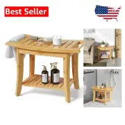Natural Bamboo Shower Stool with 2-Tier Shelving for Optimal Bath Organization