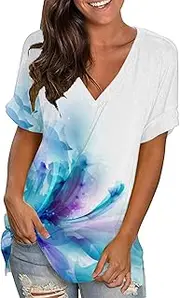 Women's Party T-Shirts Womens Summer Tops Floral Short Sleeve V Neck T Shirts Tee Printed Side Split Tunic