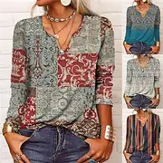 Women's Shirt Blouse Flower Modern Casual Long Sleeve V Neck Regular Tops Daily Going out Print White Red Blue Orange Summer
