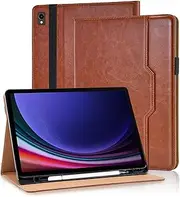 Case for Samsung Galaxy Tab S9 FE 5G 10.9-Inch 2023 with Pencil Holder Hand Strap, Premium PU Leather Adjustable Stand Tablet Cover Auto Sleep/Wake Galaxy Tab S9 Case Sam S9 Tab Cover - Brown