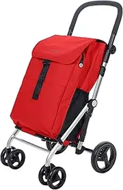 Carlett Shopping Cart Foldable Supermarket Trolley with 4 Rain-Resistant Wheels, Large Capacity of 64 L, Main 32 kg, Thermal Bag 12L, Metal, Red Color, 32kg