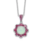 Sterling Silver Cheryl M Rhodium-Plated Cabochon Lab Created Opal And Brilliant-Cut Red Nano Crystal Flower 18 Inch Necklace