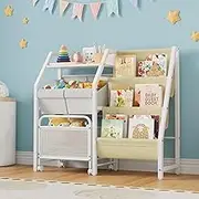 J-yaamiZz 3-Tier Kids Bookshelf and Toy Organizer, Toy Storage Cabinet with Movable Drawer, Montessori Baby Toddler Book Shelf with 2 Toy Bins for Playroom, Bedroom, Nursery (White,Style 1)