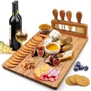 Bamboo Cheese Board Set Charcuterie Board Platter Serving Meat Board Including 4 Stainless Steel Knife and Serving Utensils for Christmas Wedding Birthday Anniversary