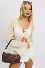 White Tie Up Front Top Long Sleeve Textured - Size 6XXS, Women's Bolero