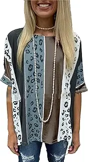 [Zylphorix] Women Leopard Stripes Casual T-Shirt Color Block Short Sleeve Pullover Top Patchwork Color Round Neck Tee