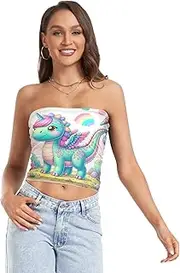 [RPLIFE] Cute Cartoon Dinosaur Unicorn Crop Tube Top Strapless Top, Mesh Tube Tops, Trendy Crop Tops (S)