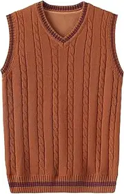 [SWJGLITTR] Men Cable Knitted Thick Pullover Vest V-Neck Slim Fit Sleeveless Sweater Slim Knit Wool Blended Vests, Brown, XX-Large