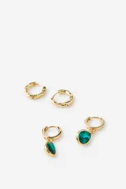 [Rubi] Rubi - 2Pk Mid Earring - Gold plated hammered emerald teardrop OS GOLD PLATED HAMMERED EMERALD TEARDROP