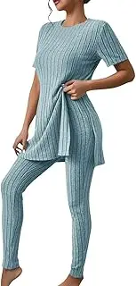 Women's Ribbed Knit Lounge Set Summer 2 Piece Matching Outfits Short Sleeve Side Split Tunic Top and Leggings Set