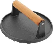 OKUMEYR Griddle Press Cast Iron Burger Press with Wooden Handle Round Shape for Meat Pressing