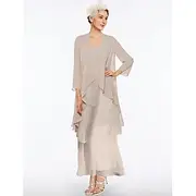 Beach Wedding Sheath Mother of the Bride Dress Elegant Simple V Neck Ankle Length Chiffon Sleeveless with Tier Solid Color free custom size