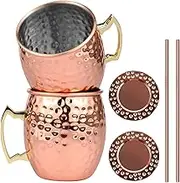 Moscow Mule Copper Mugs Set of 2 Hammered Cups, 100% Handcrafted Copper Cups, Food Safe Pure Solid Copper Mugs with Cocktail Copper Straws and Coasters for Cocktail Beer Bar Party