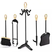 5 PCS Iron Fireplace Set Utility Tool Set Shovel Poker Tongs Stand Stove