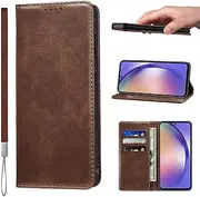 [LANJLM] Samsung Galaxy A54 5G Case with Wrist Strap PU Leather Wallet Case Card Holder Shockproof Flip Cover - Brown