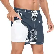 [GuoChe] Men's Swim Trunks Men's 2 Layer Workout Running Shorts Cacti Navy Blue with Phone Pocket Board Shorts Quick Dry