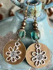 Green, Mixed Metal Bronze and Silver Flower Earrings. Bloom. Bohemian.